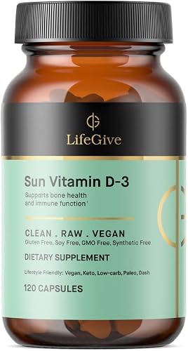 LifeGive, Sun Vitamin D3, 5000 IU, Vegan, Supports Natural Immunity & Strong Bones / Teeth, Clean & Raw Formula, Easy-to-Swallow Capsules, 120 Capsules