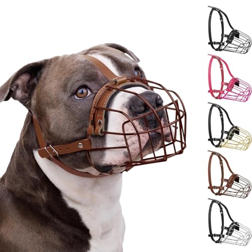 BRONZEDOG Maulkorb für Hunde aus Metall – Amstaff Drahtkorb mit verstellbaren Lederriemen für große Hunde