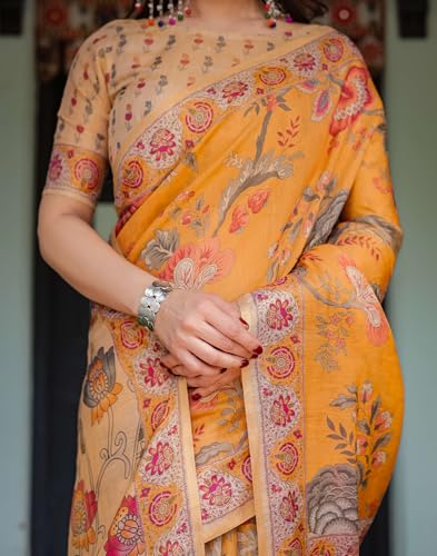 Image of SIRIL Women's Cotton Linen Printed Handloom Saree with Unstitched Blouse Piece
