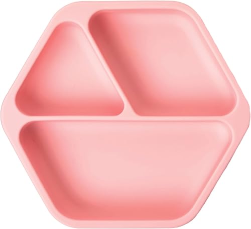 Tiny Twinkle Silicone Suction Baby Plate, Suction Grip Divided Dish for First Foods and Self-Feeding Toddlers, Baby Led Weaning Supplies for Independent Eating (Rose Plate)