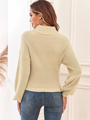 Image of ZAFUL Women's Cropped Turtleneck Sweater Lantern Sleeve Ribbed Knit Pullover Sweater Jumper