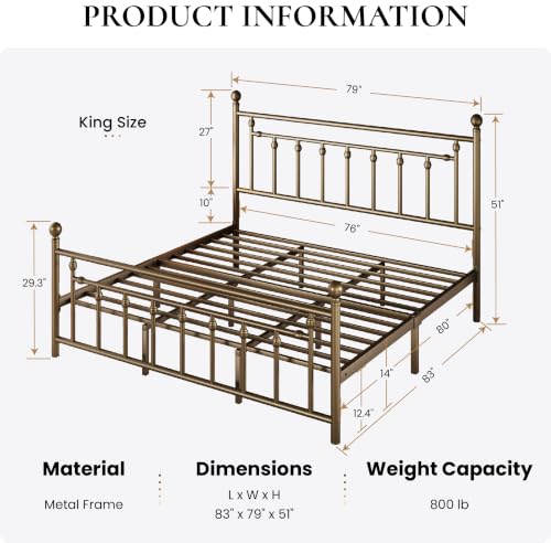 Image of SHA CERLIN 51 inch King Size Metal Bed Frame, Vintage Headboard, Antique Bronze