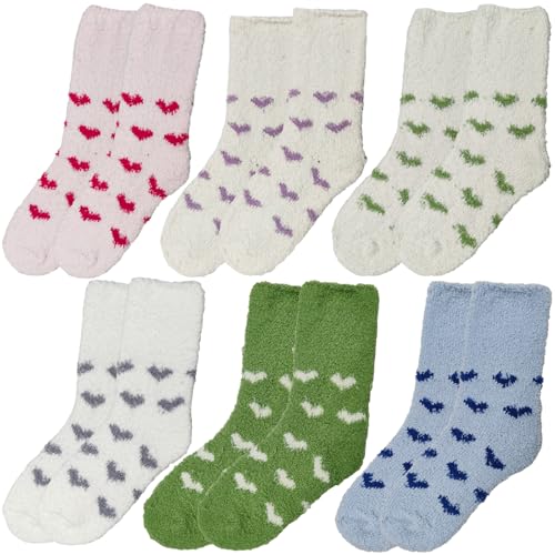 Image of Chiclinco 6 Pairs Heart Fuzzy Socks Cozy Winter Warm Socks Thick Fluffy Slipper Socks for Women Teen Girls