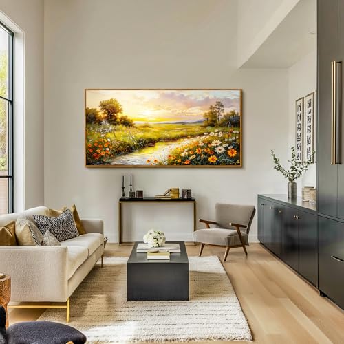 crmotu Framed Wall Art, Canvas Wall Art Landscape, Sunset Wall Decor, Daisy Flower Oversized Art Prints, Rustic Pastoral Pictures Wall Decor Living Room Bedroom Dining Room Cottage Farmhouse 30x60inch