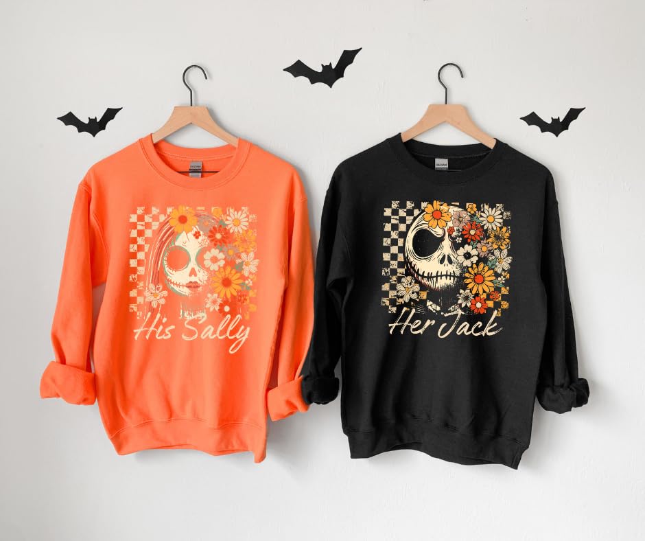 Her Jack & His Sally Couple Sweatshirts – Matching His & Hers Pullover with Vintage Floral Design, Romantic Halloween Outfits for Couples Black4