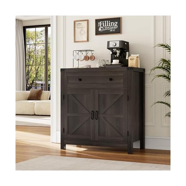Hostack coffee bar cabinet kitchen storage cabinet modern farmhouse buffet sideboard with drawer and adjustable shelf barn door accent cabinet for kitchen dining room entryway dark brown  urban country home decor