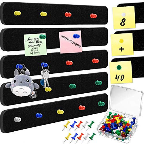 8 Pieces Felt Bulletin Board Bar Strip Self-Adhesive Pin Board Bar Frameless Wall Memo Strip with 40 Pieces Pushpins for Office Classroom Home (Black)