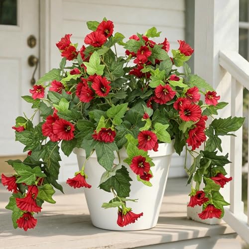 HAIDOLIANG Artificial Fake Flowers Plants for Outdoor Decoration, 2 Bundles Fake Flowers Silk Morning Glory UV Resistant Realistic Faux Flowers for Front Door Porch Patio Yard Window Box (Red) — view 6