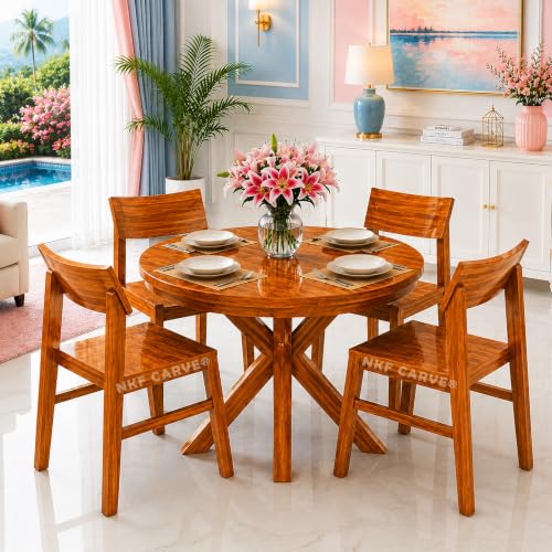 Image of Sheesham Wood Four Seater Dining Table & Chair Wooden 4 Seater Solid Sheesham Wood Round Dining Table with Curved Backrest Pattern Chairs for Home & Dining Room Shining Honey Finish