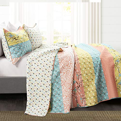 Image of Lush Decor Royal Empire Reversible Cotton Quilt Set - 3 Piece Striped Bedding Set - Bold & Colorful Bohemian Patterns - Soft Cotton Feel - Full / Queen, Blue and Coral