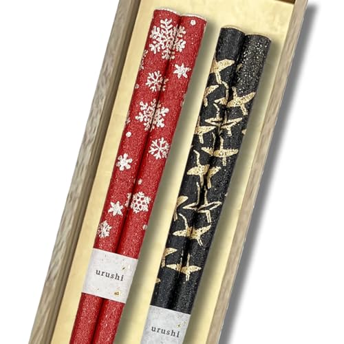 橋本幸作漆器店 黒赤2膳セット 輪島うるし箸 乾漆仕上げ 桐箱入り 22.5cm 日本製 滑りにくい 夫婦箸 お揃い ペア (黒:千羽鶴, 赤:雪の花)