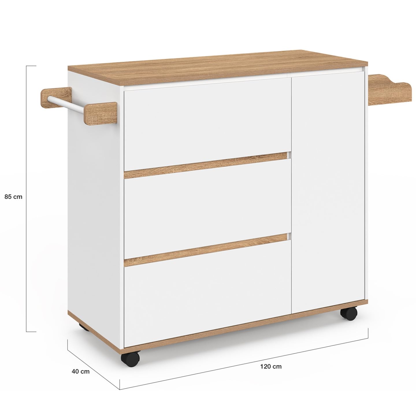 IDMarket - Credenza COMI XXL con 3 cassettoni e armadio bianco e piano effetto faggio L. 90 cm