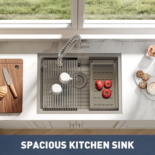 GarveeHome Undermount Kitchen Sink, 23x18 Inch Stainless Steel Kitchen- Single Bowl Sinks, Modern Top Mount 16 Gauge Workstation Sink-with Accessories for Bar, Silver (Not Included Faucet)