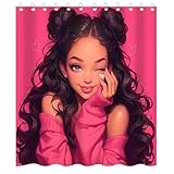 Mocsicka Hot Pink Shower Curtain for Bathroom, Cute Groovy Coquette African American Black Girl Shower Curtain with 12 Hooks for Girls Bath Decor Waterproof Fabric Bath Curtain Set, 72 X 72 Inch