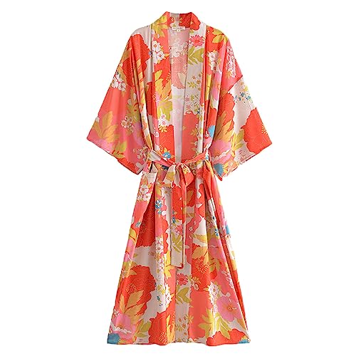 Beach Style Rayon Cotton Long Robe Holiday Resort Wear Beach Cover Up Bohemian Kimono