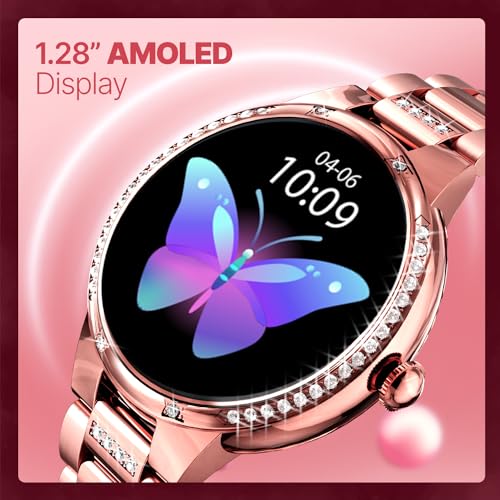 Image of CrossBeats Diva 1.28 inch Stylish Smart Watch for Women with Stone Studded Bezel| Amoled Display | Female Health Tracker | 100+Sports Modes| Premium Metal Smartwatch with Wireless Charging - (Rose Gold)