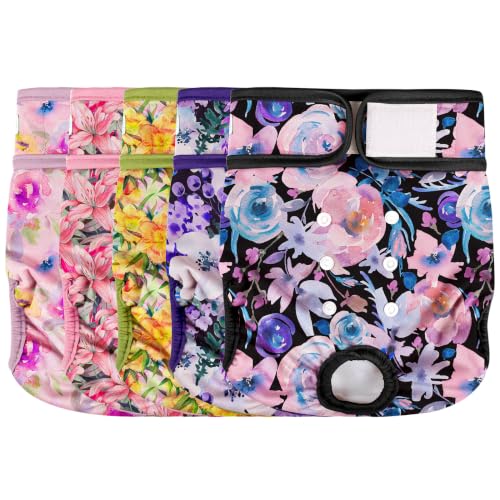Image of wegreeco Female Dog Diapers, Washable Reusable Pet Puppy Doggie Diapers for Small Medium Large Female Dogs in Heat Period, Doggy Period Panties, 5 Pack, X-Large, Lilies Pattern