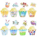 48 pcs Easter Cupcake Toppers and Wrappers, Easter Party Decorations, Colorful Cupcake Liners, Bunny