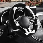 Furry Cute Soft D Shaped Steering Wheel Cover 15 inch Black White - Image 2