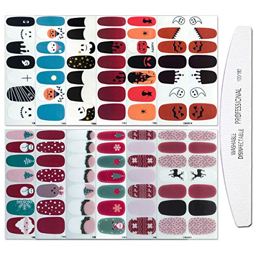WOKOTO 12 Sheets Halloween Christmas Nail Art Polish Stickers Strips Set with 1Pc Nail File Adhesive Nail Wraps Decals Manicure Kit for Women