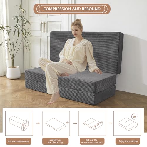 BYBYME Tri-Folding Corduroy Mattress, 6 Inch Gel Folding Mattress Topper, Foldable Soft Guest Bed Camping Pad, Washable Cover (Carbon Gray, Twin) - Thumbnail 7