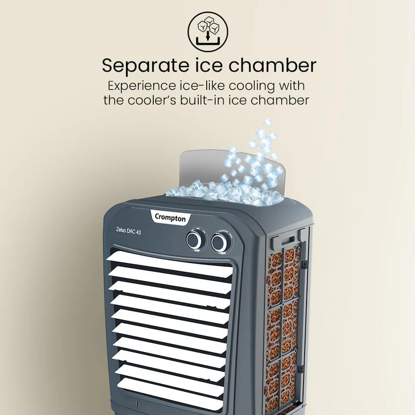 Image of Crompton ACGC-ZELUSPAC30 30L Air Cooler for Home | Honeycomb Cooling Pads | Everlast Pump | 4-Way Air Deflection | Ice Chamber | Inverter Compatible | Portable Room Cooler | Grey