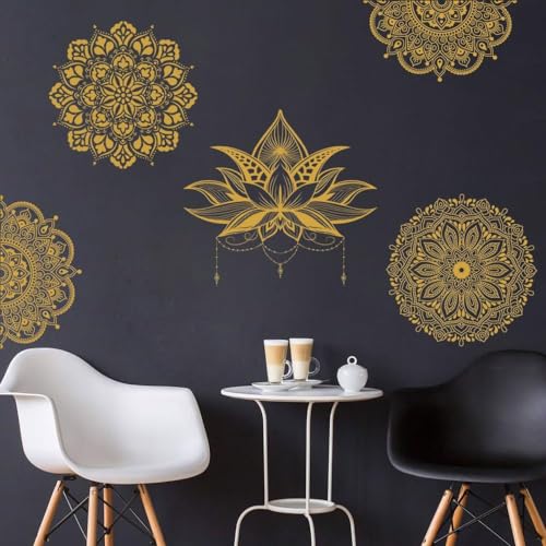 Runtoo Mandala Flower Wall Art Sticker Gold Boho Lotus Floral Wall Decal for Living Room Bedroom Yoga Headboard India Decor - Image 2
