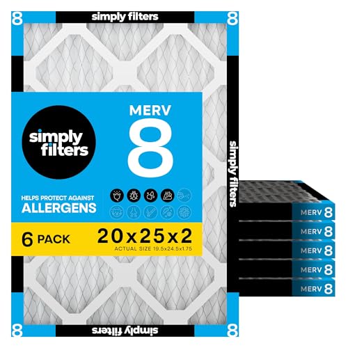 Image of Simply 20x25x2 Air Filter, MERV 8, 6 Pack, Furnace Air Filter for HVAC (Actual Size: 19.5 inchx24.5 inchx1.75 inch) DUST, Pet & Allergy Control