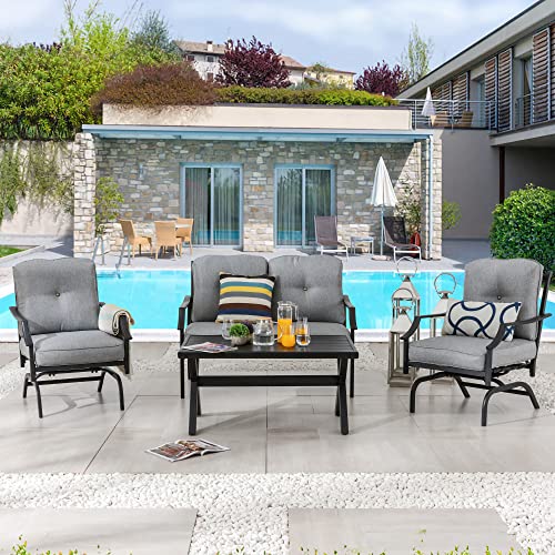 Image of LOKATSE HOME 4 Pieces Outdoor Conversation Furniture Bistro Metal Seating Patio Armchairs Loveseat Set with Cushion & Coffee Table, Grey