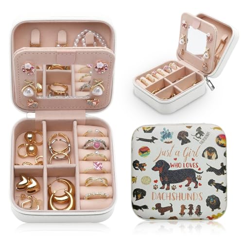 VOYANTE Dachshund Jewellery Box, Unique Travel Jewelry Organiser, Portable & Practical Storage Case with Mirror, Jewelry Storage Boxes for Necklace Rings Bracelets Earrings, Dachshund Gifts for Women