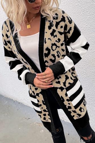 Women's Black Stripe Sleeve Leopard Print Open Front Cardigan with Pockets3