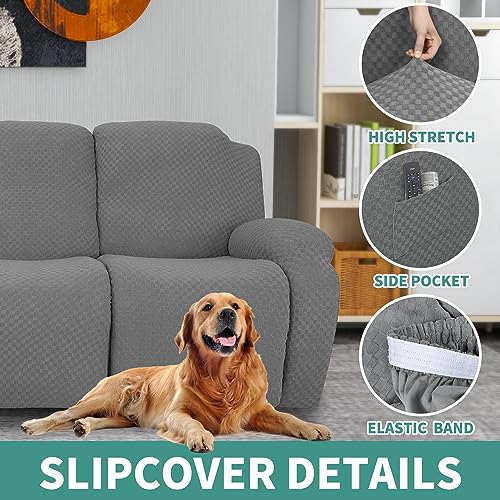 Image of YEMYHOM 8 Pieces Stretch Recliner Sofa Cover Jacquard Reclining Couch Cover with Side Pocket Anti-Slip Fitted 3 Cushion Furniture Slipcovers with Elastic Bottom (Sofa Recliner, Light Gray)