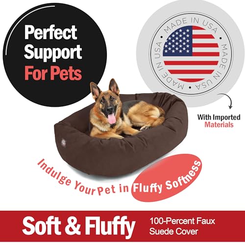 Image of Majestic Pet Suede Shredded Memory Foam Mix Calming Dog Bed Washable - Cozy Soft Round Dog Bed with Spine for Head Support - Fluffy Donut Dog Bed, 52 Inch, Chocolate