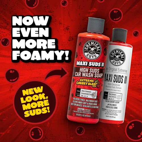 Image of Chemical Guys CWS 101 16 Maxi-Suds II Foaming Car Wash Soap (Works with Foam Cannons, Foam Guns or Bucket Washes) Safe for Cars, Trucks, Motorcycles, RVs & More, 16 fl oz, Cherry Scent (Pack of 2)