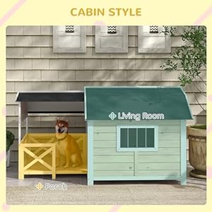 PawHut Wooden Dog House Outdoor with Porch, Raised Pet Kennel for Medium Large Dogs, with Asphalt Roof, Front Door, Side Windows, Gray