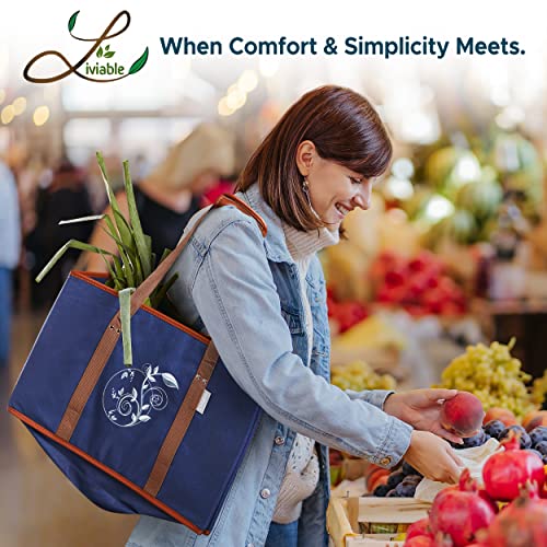 Liviable Reusable Grocery Shopping Bags, Foldable, Heavy Duty Tote, Box Bags With Long Handles And Solid Bottom, Large - Set Of 3, Navy Blue #TOP4