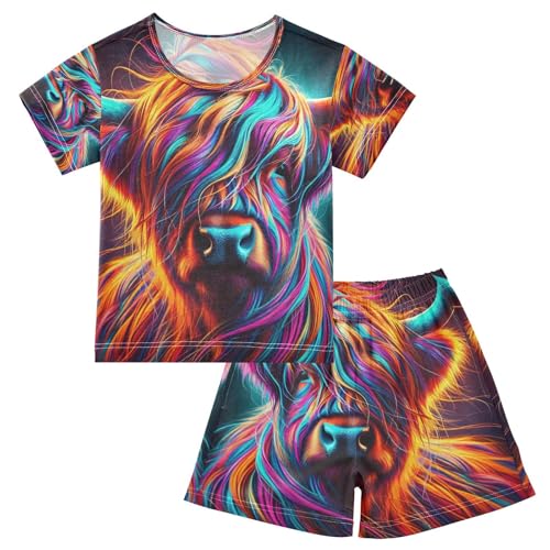 Highland Cow Neon Pajama Set Short Sleeve Pajamas Shorts Sets Cotton PJS 2 Piece Clothes Set 5Y