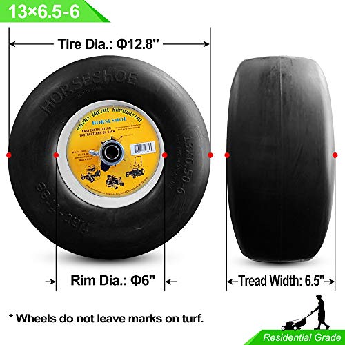 Horseshoe (2-Pcs-Set) New 13X6.50-6 Flat-Free Smooth Tires W/Steel Rim For Lawn Mower Garden Tractor - Hub Length 5.5"-7.1" With 3/4" Precision Ball Bearing 136506 T161 #TOP1