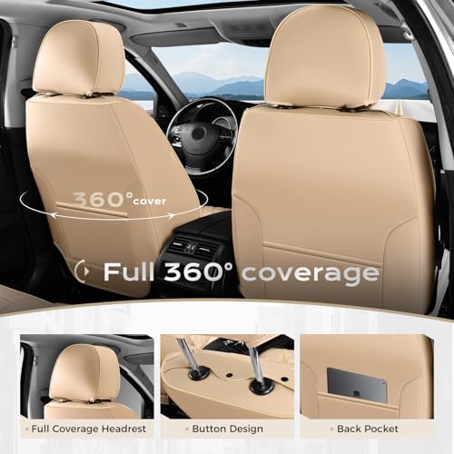 Image of Coverado Full Set Leather Car Seat Covers, Waterproof Faux Leather Seat Covers, Beige Car Seat Protectors, 5 Seats, Universal Fit for Most Cars & SUVs-Beige
