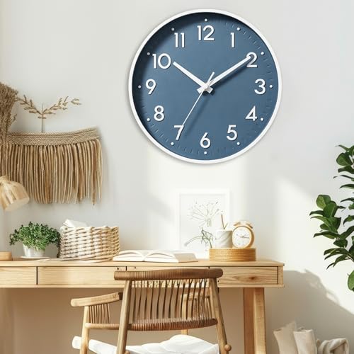 Image of Mosewa Wall Clock 12 Inch, Battery Operated Silent Non-Ticking Modern Analog Clock Decorative for Kitchen, Bedroom, Office, Living Room(Azure Blue)
