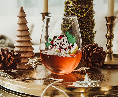 Disney Mickey And Minnie Christmas Sled Stemless Wine Glass | Large Tumbler Cup For Mimosas, Cocktails | Holds 34 Ounces #TOP4