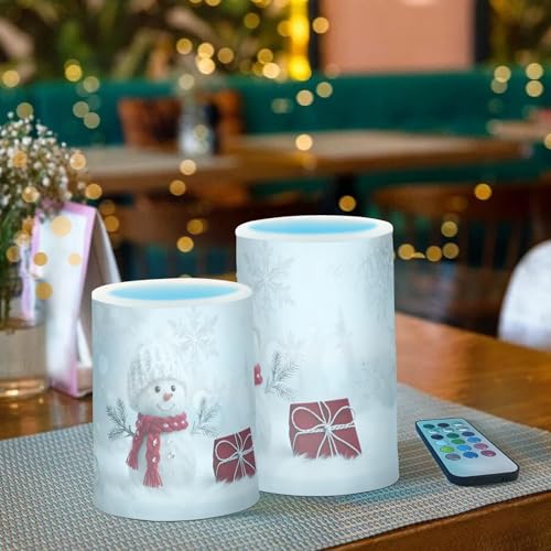 Image of Christmas Lights Decorations Flameless Candles Snowman in Winter Pillar Candles Set of 2 Battery Operated Remote Control Warm Lights