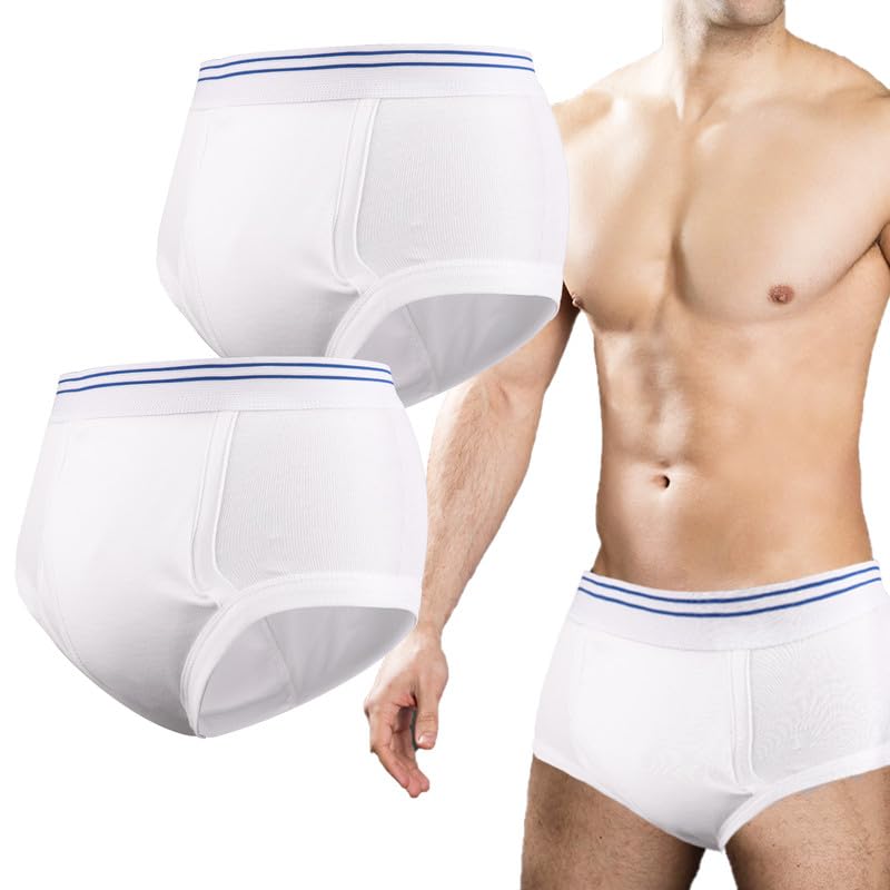 Incontinence Underwear for Men 2 Pack Washable Mens Incontinence Briefs with Front Absorbent Area Leak Proof Underwear for Men Reusable Urinary Incontinence Underwear (White, M)
