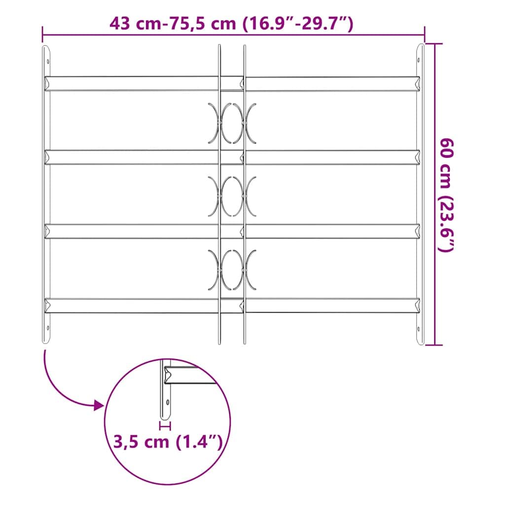 Rejilla de ventana ajustable con 4 barras transversales para protección antirrobo, rejilla de seguridad ajustable de 500-650 mm de ancho para montaje horizontal