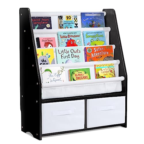 Image of MallBest Childrens Bookshelf Kids Sling Book Rack with Two Storage Boxes and Toys Organizer Shelves Natural Solid Wood Baby Bookcase (Black)