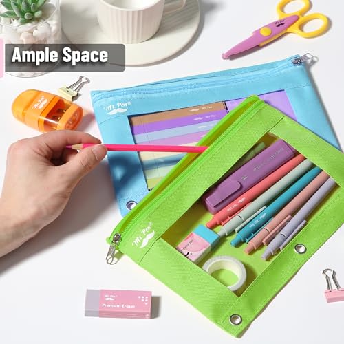 Image of Mr. Pen- Pencil Pouch for 3 Ring Binder, 2 Pack, 10 inchx6.75 inch, Smooth Zipper | Clear Window, Large Capacity Pencil Case with 3 Reinforced Grommets for School, Office, Supplies Storage | Clear Window, Large Capacity Pencil Case with 3 Reinforced Grommets for School, Office, Supplies Storage