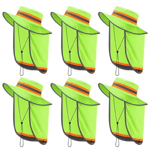 Jexine 6 Pcs Reflective Safety Hat High Visibility Neck Flap Boonie Hat Wide Brim Work Hats Breathable Bucket Cap for Worker (Green)