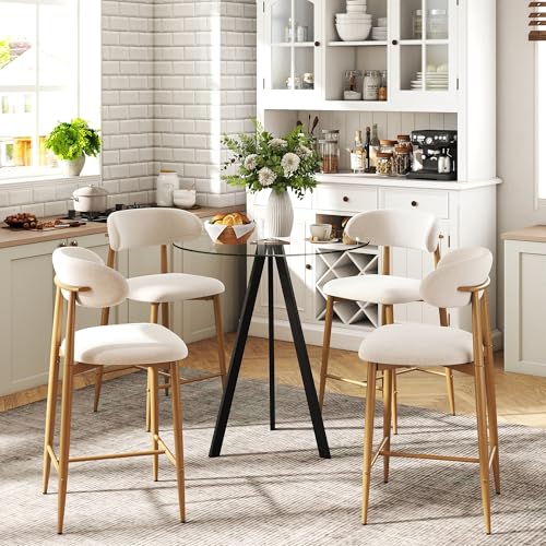 Image of 5-Piece Bar Table Set with 4 Bar Stools, 31.5 inch Round Pub Table and Fabric Upholstered Counter Height Stools with Wood-Grain Metal Legs, for Small Spaces, Apartments, and Bistros