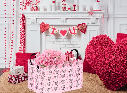 Image of Valentines Basket Rec Heart Print Box Hamper Storage Basket Collapsible Organizer Bin Gift Shelf Baskets for Home and Kitchen Storage