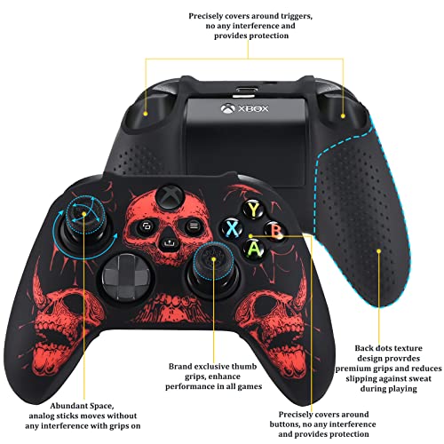 Image of YoRHa Laser Carving Silicone Skin for Xbox Series X /S Controller x 1(Skulls Red) with Exclusive Thumb Grips x 8